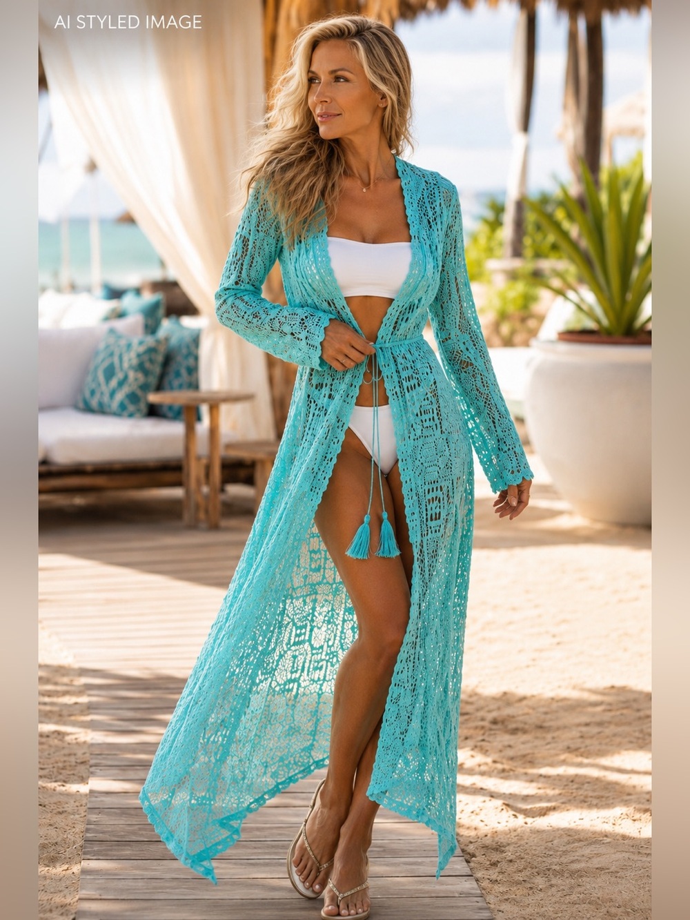 Boston Proper Delicate Crochet Lace Aqua Duster Beach Cover Up Resort Romantic